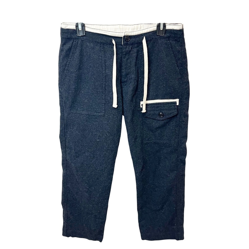 BEAMS Japan Mens Wool Blend Cropped Drawstring Trousers Navy Blue Size Medium